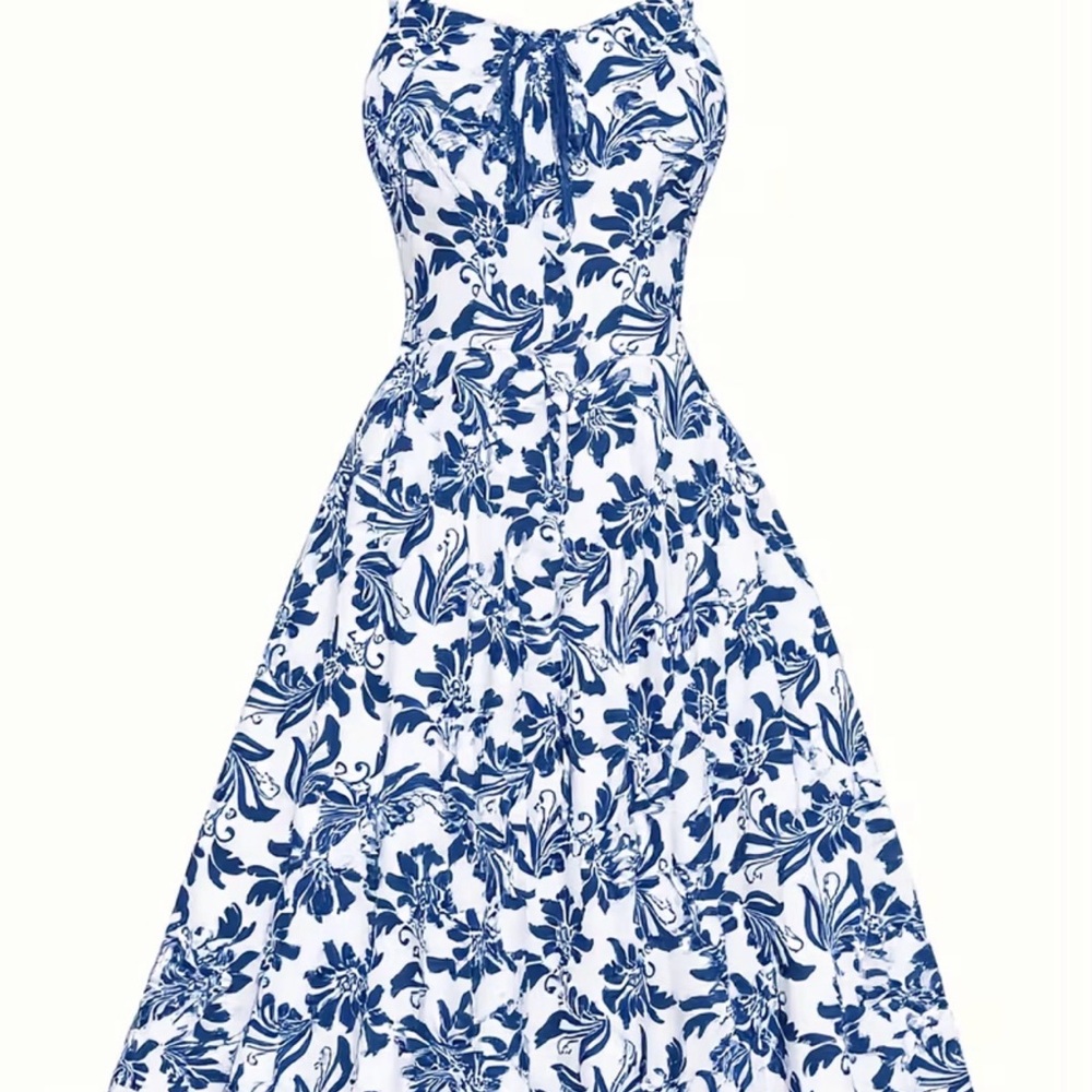 🐣2X HOST PICK!!🐣 Vintage 50’s Vibe Blue Floral Dress LAST ONE - Picture 5 of 8